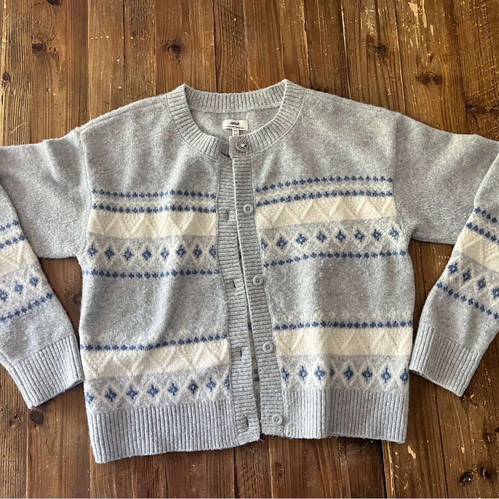 Aerie Soft Gray Knit Fair Isle Cardigan